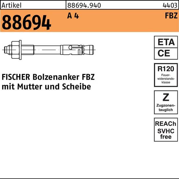 Fischer 50x Bolzenanker FBZ 10/10 R nicht rostender Stahl - 543410