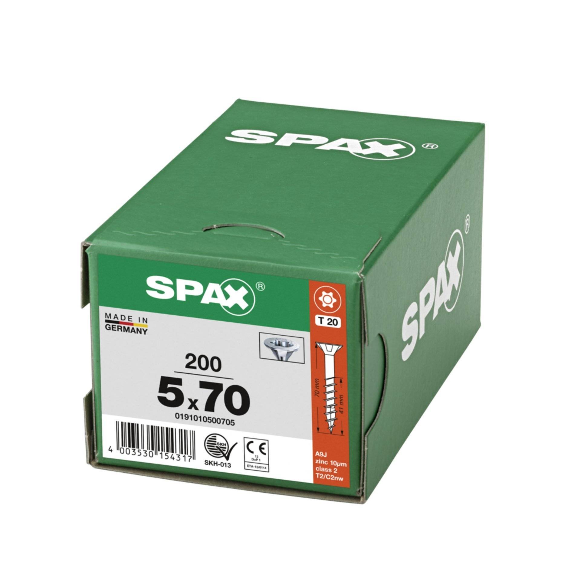 SPAX Universalschraube, 5 x 70 mm, 200 Stück, Teilgewinde, Senkkopf, T-STAR plus T20, 4CUT, WIROX-4