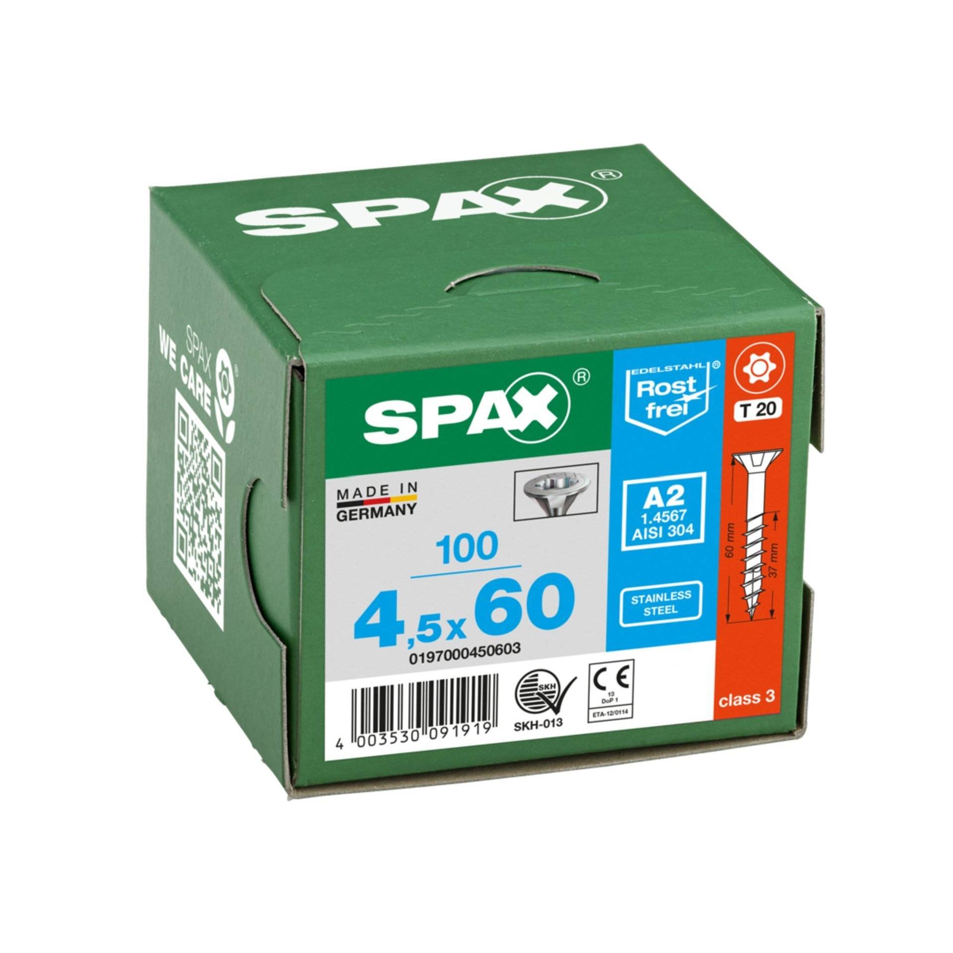 SPAX Edelstahlschraube, 4,5 x 60 mm, 100 Stück, Teilgewinde, Senkkopf, T-STAR plus T20, 4CUT, Edelstahl rostfrei A2-2