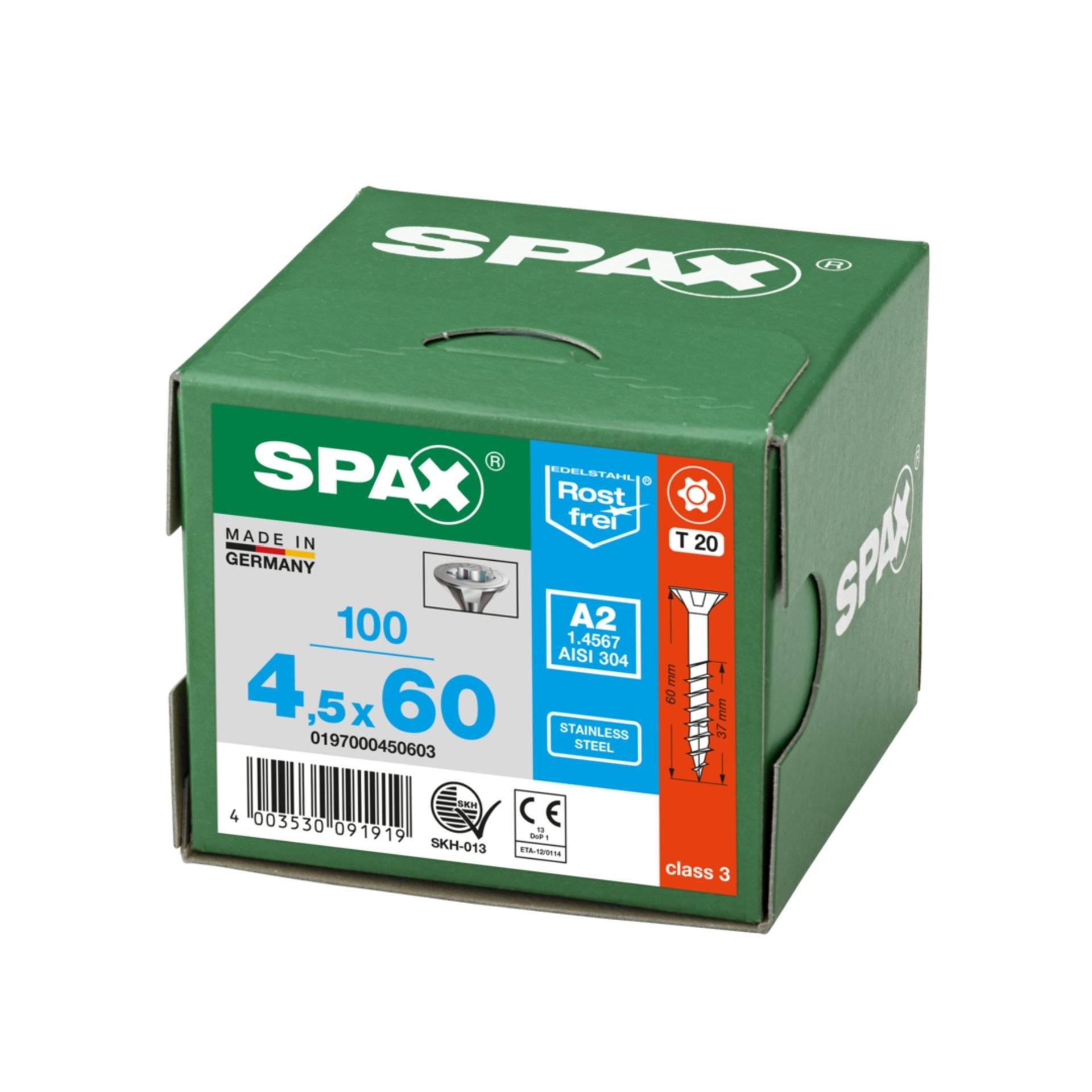 SPAX Edelstahlschraube, 4,5 x 60 mm, 100 Stück, Teilgewinde, Senkkopf, T-STAR plus T20, 4CUT, Edelstahl rostfrei A2-3