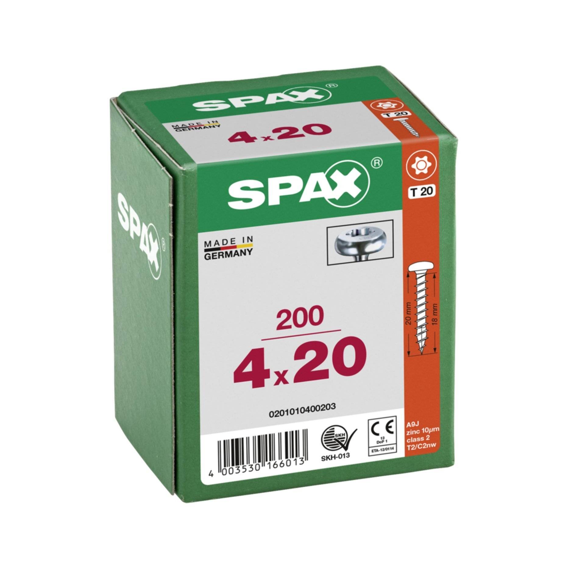 SPAX Universalschraube, 4 x 20 mm, 200 Stück, Vollgewinde, Halbrundkopf, T-STAR plus T20, 4CUT, WIROX-1