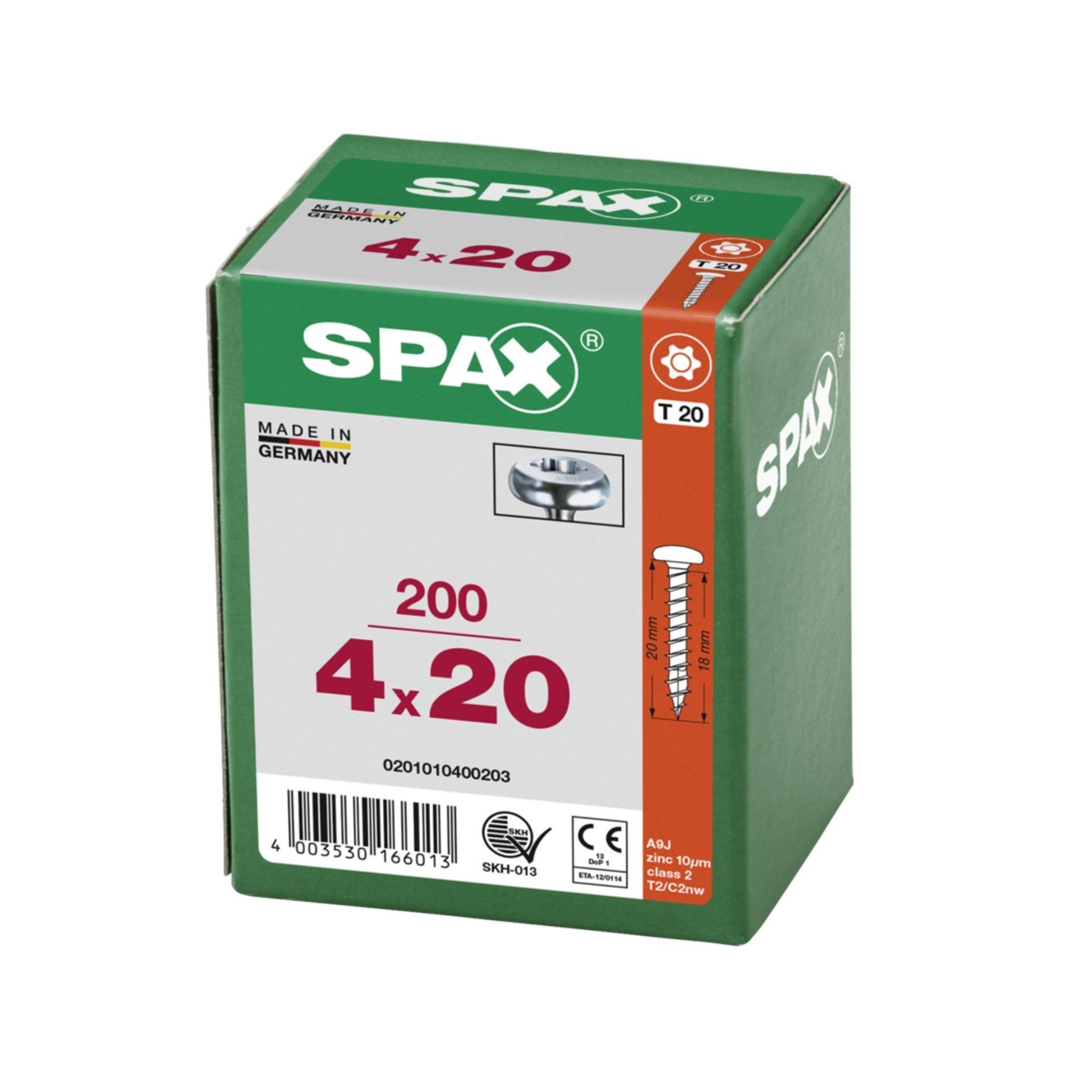 SPAX Universalschraube, 4 x 20 mm, 200 Stück, Vollgewinde, Halbrundkopf, T-STAR plus T20, 4CUT, WIROX-2