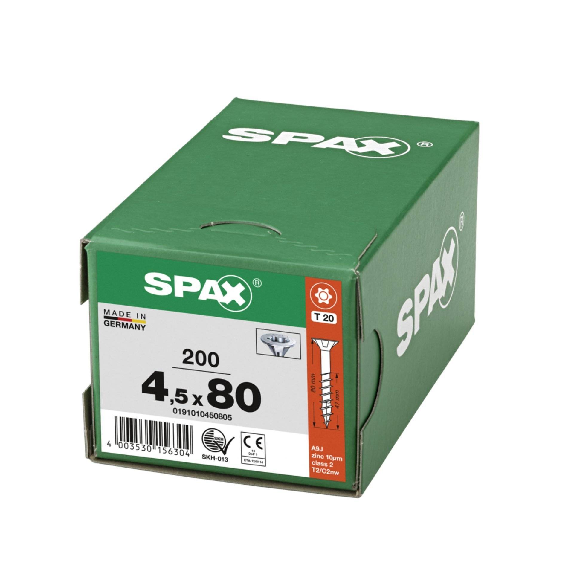 SPAX Universalschraube, 4,5 x 80 mm, 200 Stück, Teilgewinde, Senkkopf, T-STAR plus T20, 4CUT, WIROX-4