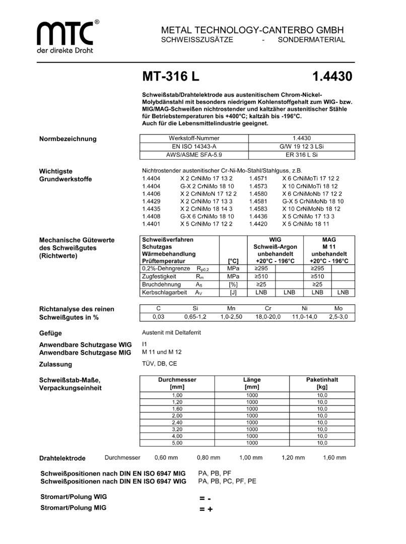 MTC INOX MT-316L 3,2 x 1000 mm 0,5 kg Wigstäbe / Schweißstab Edelstahl Draht 1.4430 V4A ER 316 VA Schweißen 4430-1