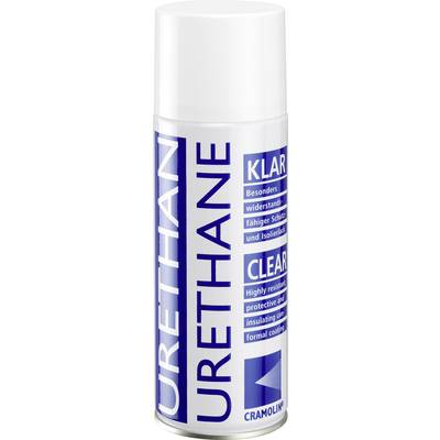Sprühdose mit der Aufschrift 'URETHANE' und 'KLAR'. Bietet widerstandsfähigen Schutz und Isolierung; von Cramolin.