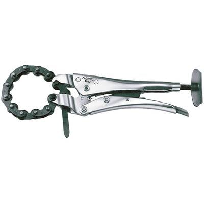 Kettenrohrzange aus Metall mit einstellbarer Greiföffnung, Hebelmechanismus und drehbarem Griff zur sicheren Befestigung und Nutzung.