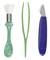Drei Gartenwerkzeuge: Pinsel mit grünem Griff, grüne Pinzette und blaues Rasiermesser, nebeneinander angeordnet.