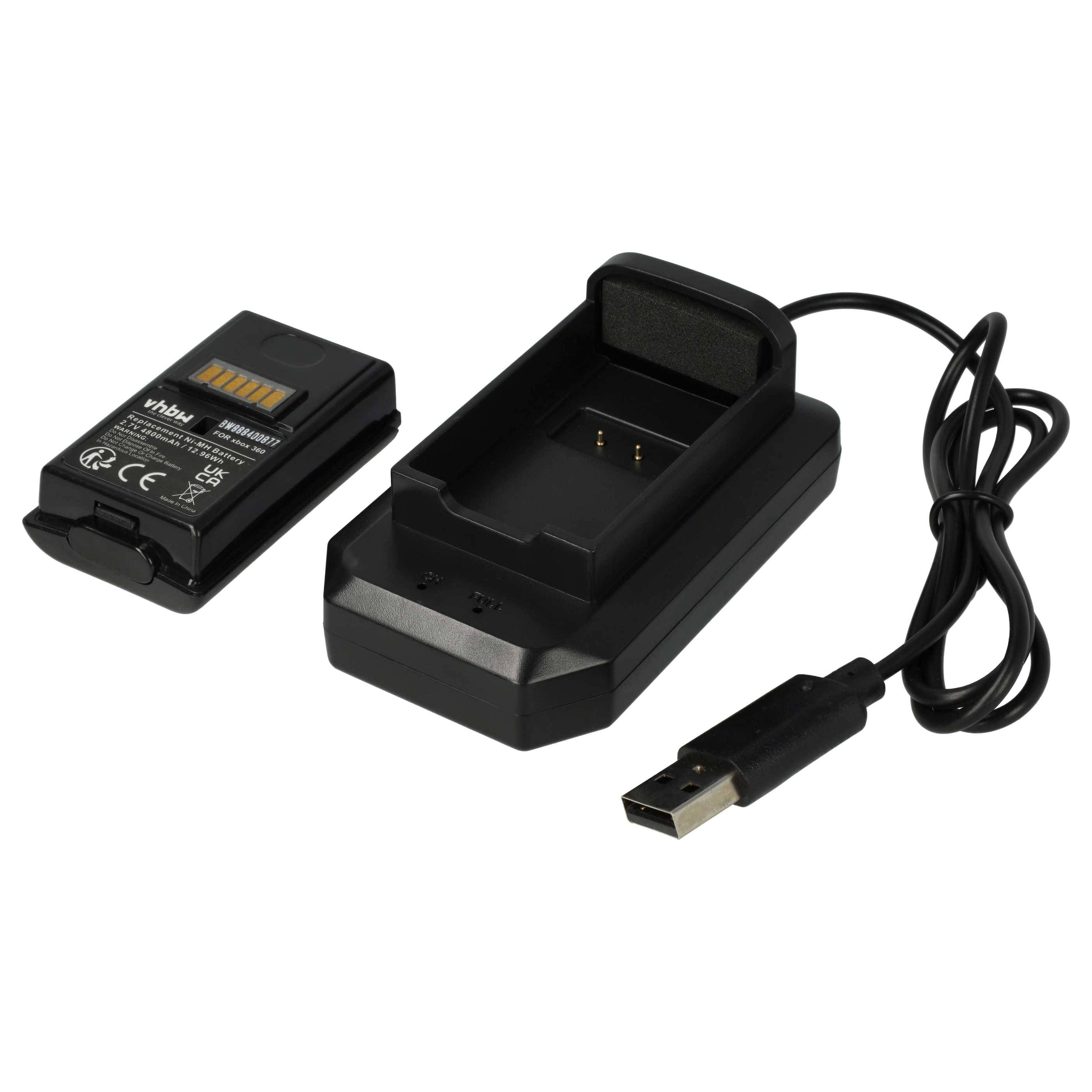 vhbw Akku kompatibel mit Microsoft Xbox 360 Controller | (4800mAh, 2,4V, NiMH) inkl. Ladegerät - Schwarz