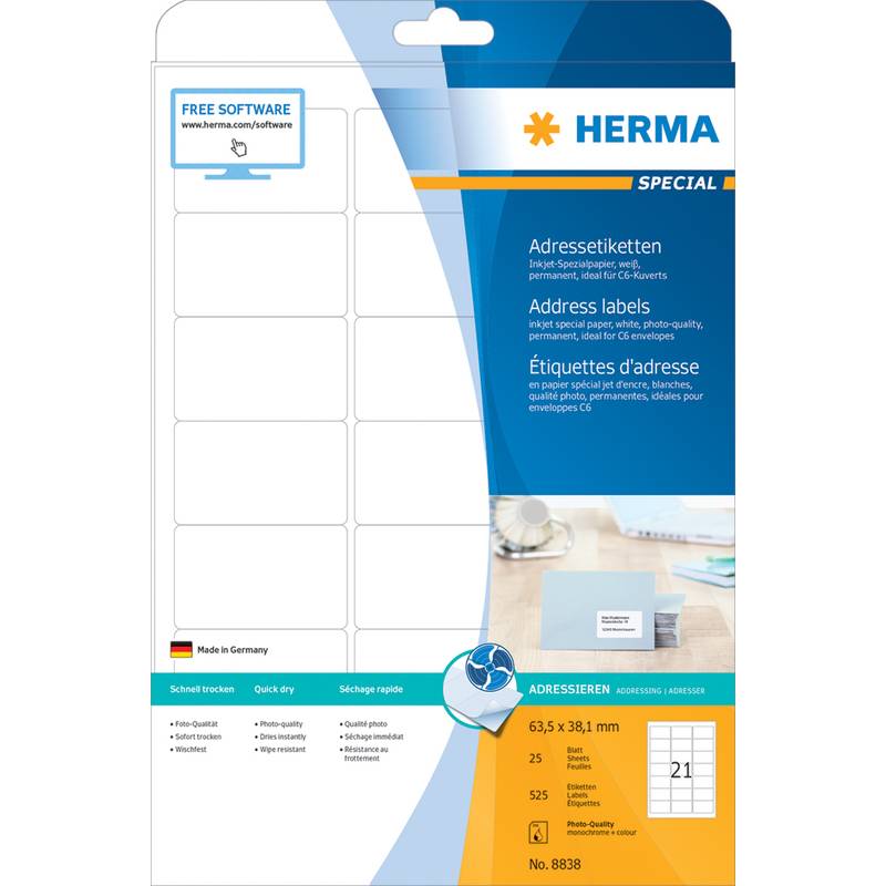 HERMA Special - Papier - matt - permanent selbstklebend - beschichtet - weiß - 63.5 x 38.1 mm - 90 g/mÂ² - 525 Etikett(e-0