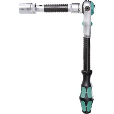 Ein verstellbarer Ratschenschlüssel mit ergonomischem Griff und flexiblem Kopf, der in einem rechten Winkel positioniert ist. Ideal für schwer zugängliche Stellen.