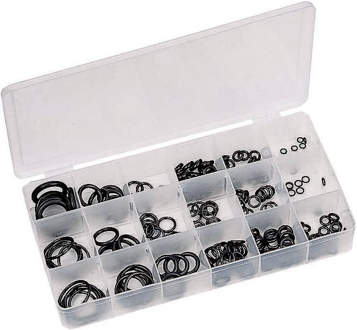Transparente Aufbewahrungsbox mit 18 Fächern voller kleiner, schwarzer O-Ringe in verschiedenen Größen. Deckel ist offen.