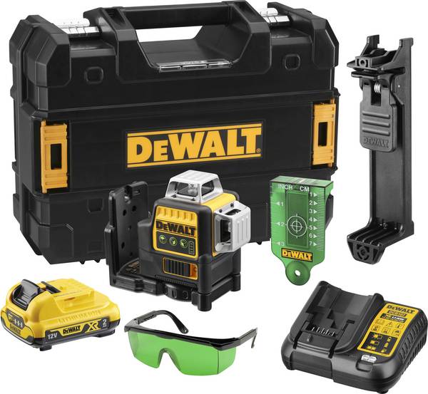 DeWALT DCE089D1G-QW Multilinienlaser grün, Laserklasse 2M, 3 Strahlen, 1x horizontal/2x vertikal, 10,8V 2,0 Ah Akku, Lad