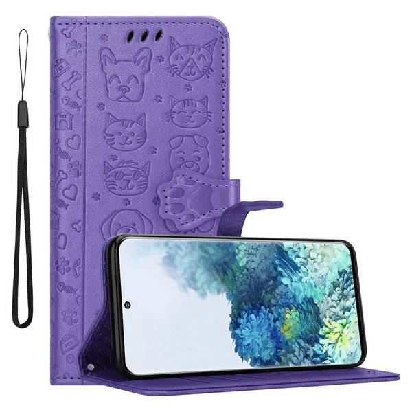 Cadorabo Hülle für Samsung Galaxy S20 Schutz Hülle in Lila Handyhülle Cover Etui Case Booklet Hunde Katzen