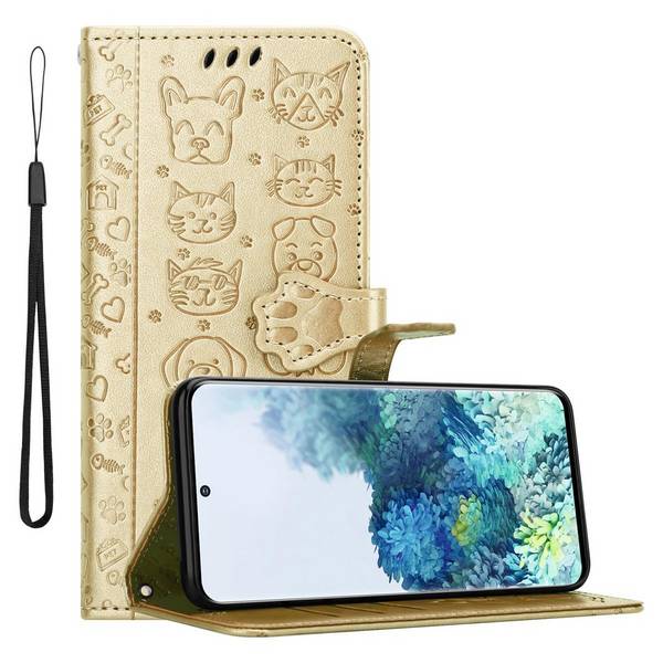 Cadorabo Hülle für Samsung Galaxy S20 Schutz Hülle in Gold Handyhülle Cover Etui Case Booklet Hunde Katzen
