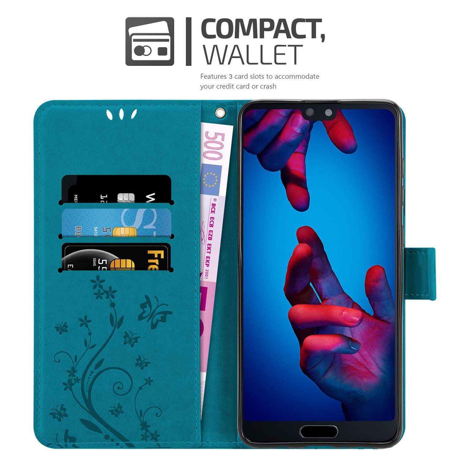 Cadorabo Hülle für Huawei P20 Schutz Hülle in Blau Schutzhülle Handy Hülle Etui Case Blumen Flower-1