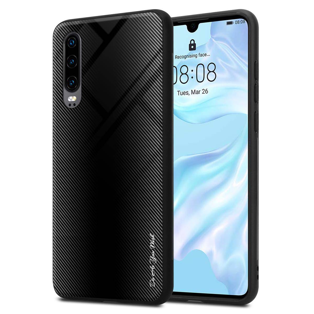 Cadorabo Hülle für Huawei P30 Schutz Hülle in Schwarz Handyhülle TPU Etui Cover Case Tempered Glas-0
