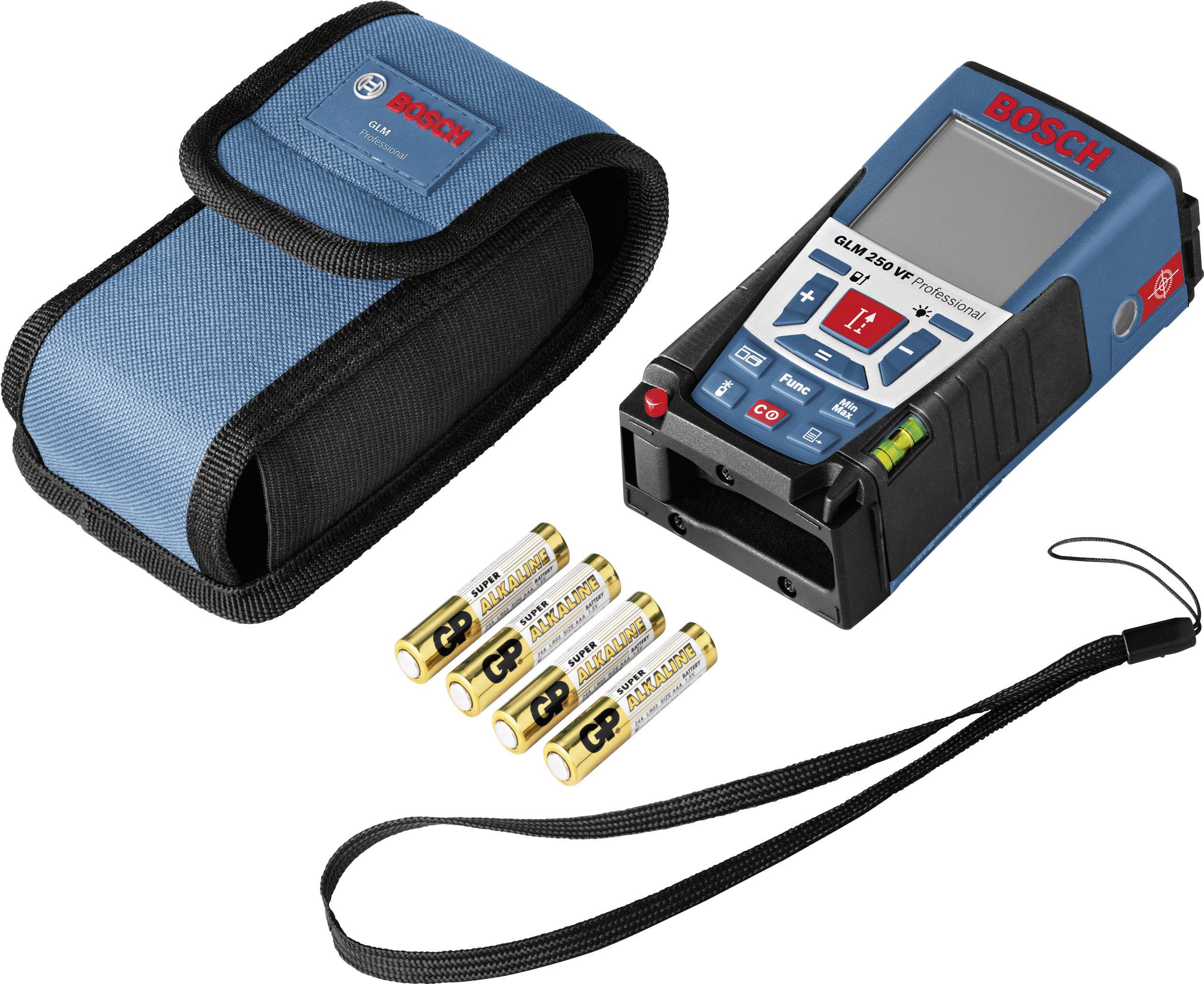'Bosch GLM 250 VF Professional' Laser-Entfernungsmesser mit Tasche, vier AA-Batterien und Handschlaufe.