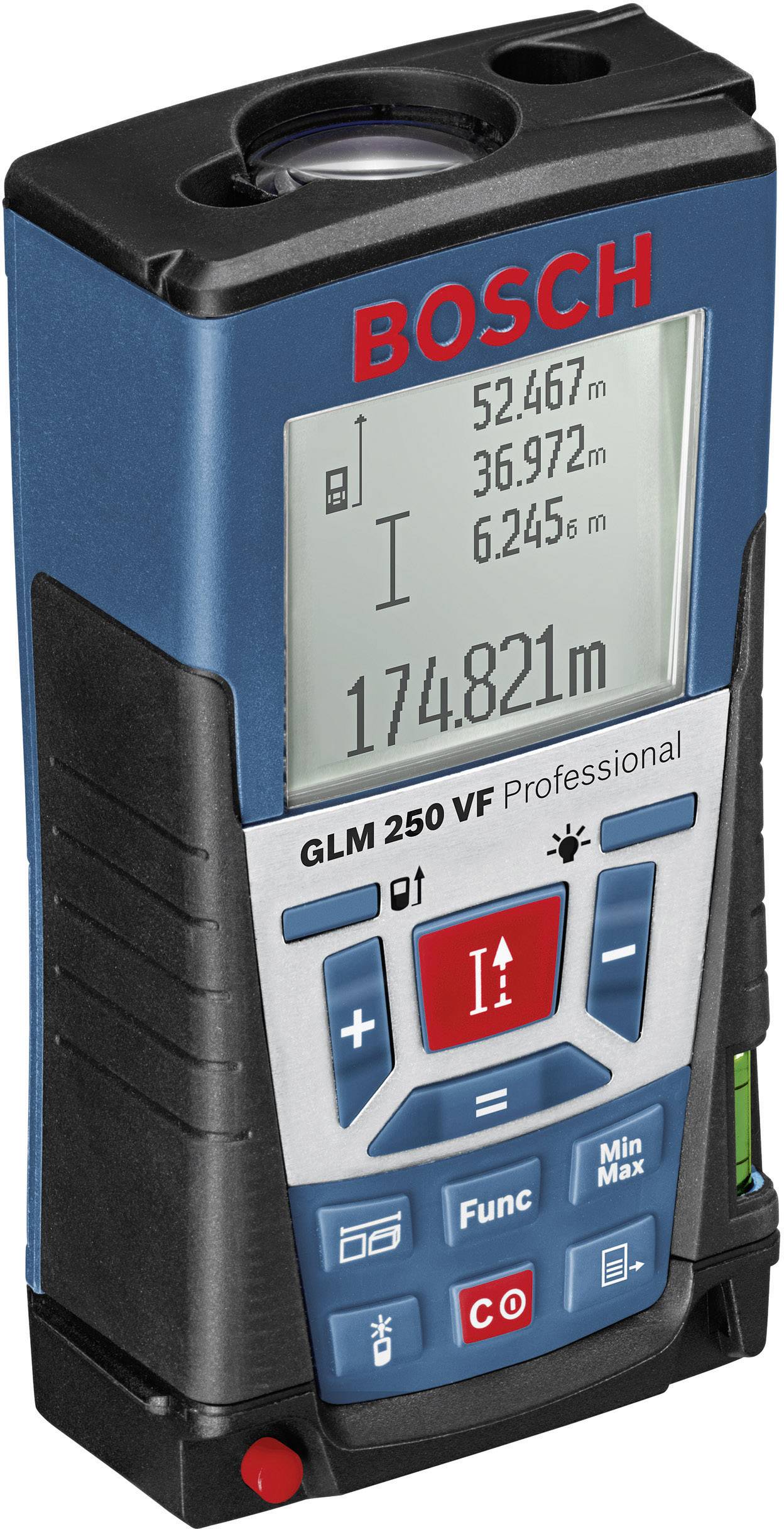 Ein Bosch GLM 250 VF Laser-Entfernungsmesser zeigt Messungen von 52,467 m, 36,972 m, 6,245 m und eine Summe von 174,821 m an.