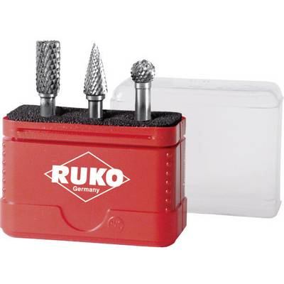 Drei rotierende Schleifwerkzeuge mit unterschiedlichen Köpfen in einer roten Aufbewahrungsbox mit 'Ruko Germany'-Aufdruck.