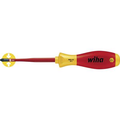 Ein Schraubendreher mit rotem und gelbem Griff, Markenname 'wiha'. Spitze ist isoliert. Geeignet für elektrische Arbeiten.