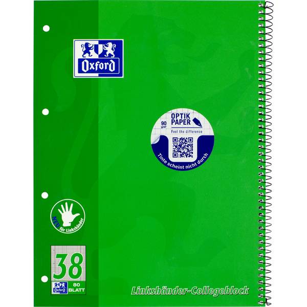 Oxford Linkshänder-Collegeblock, DIN A4+, kariert, 80 Blatt