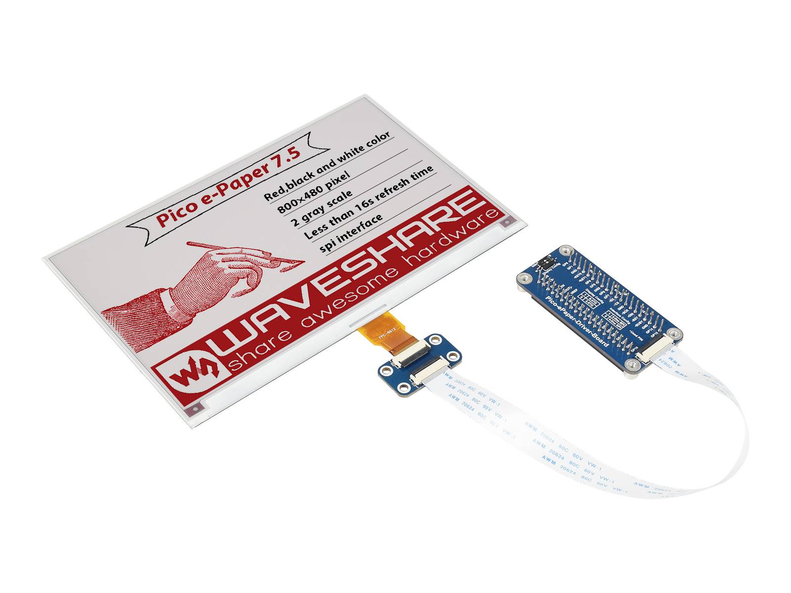 WaveShare 7.5inch E-Paper E-Ink Display Module (B) for Raspberry Pi Pico 800x480 Red Black White SPI-3