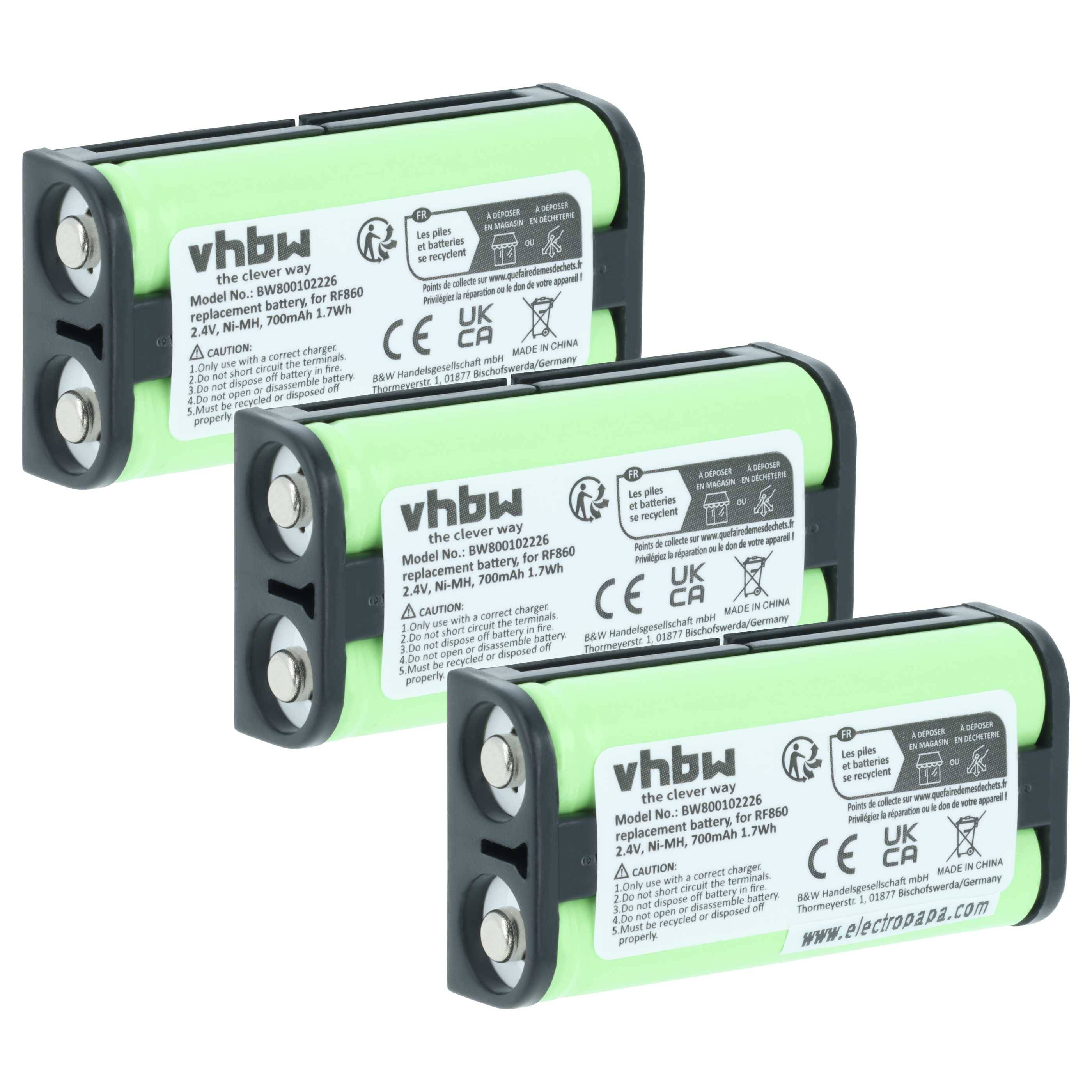 vhbw 3x Akku kompatibel mit Sony MDR-RF811 | MDR-RF810RK, MDR-RF811F, MDR-RF811K Wireless Headset Kopfhörer (700 mAh, 2
