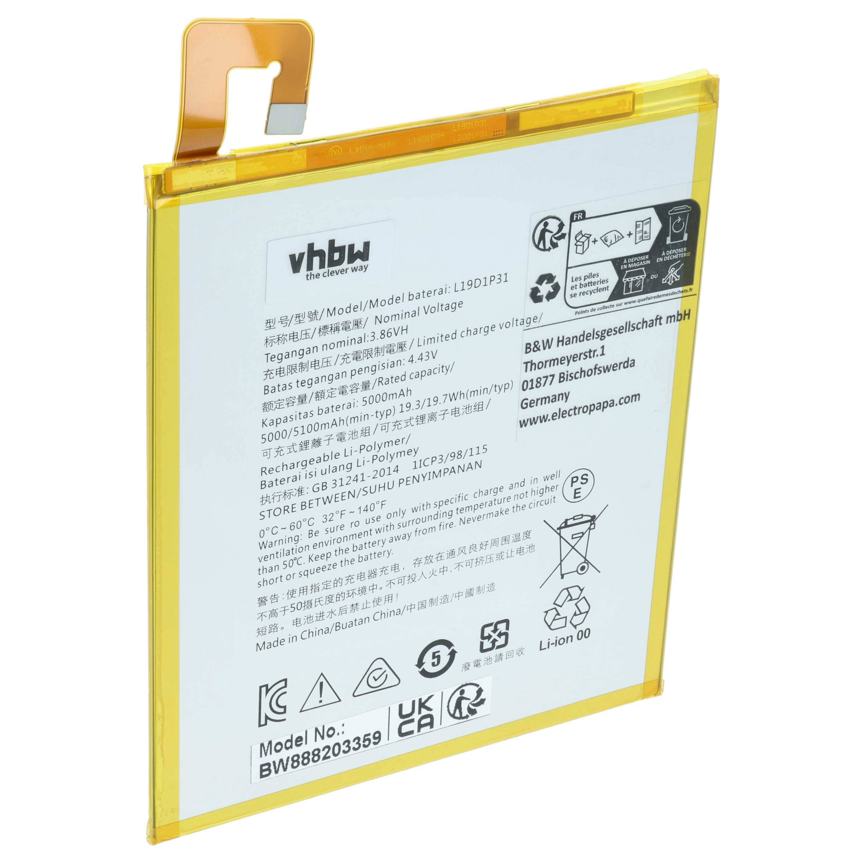vhbw Akku Ersatz für Lenovo L19D1P31 | Tablet Pad (5000 mAh, 3,86 V, Li-Polymer)-0