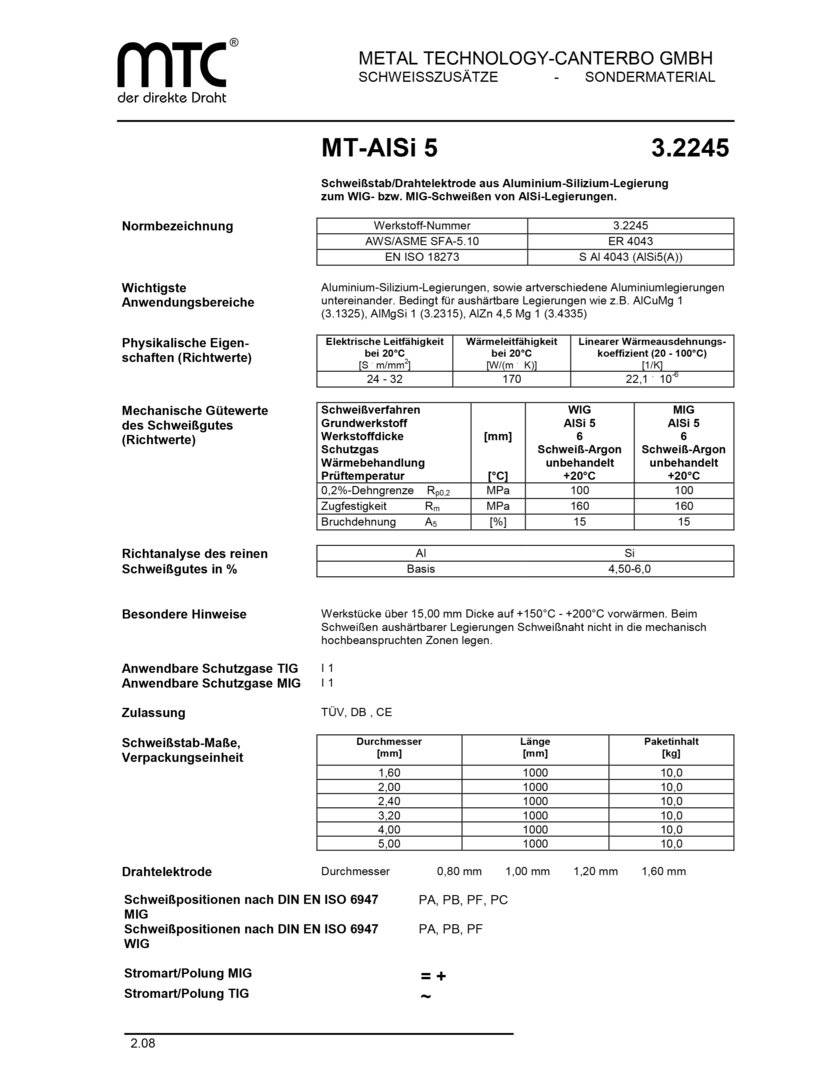 MTC MT-AlSi 5 4,0 x 1000 mm 1 kg Wigstäbe / Schweißstab Aluminium Draht 3.2245 Schweißen-1