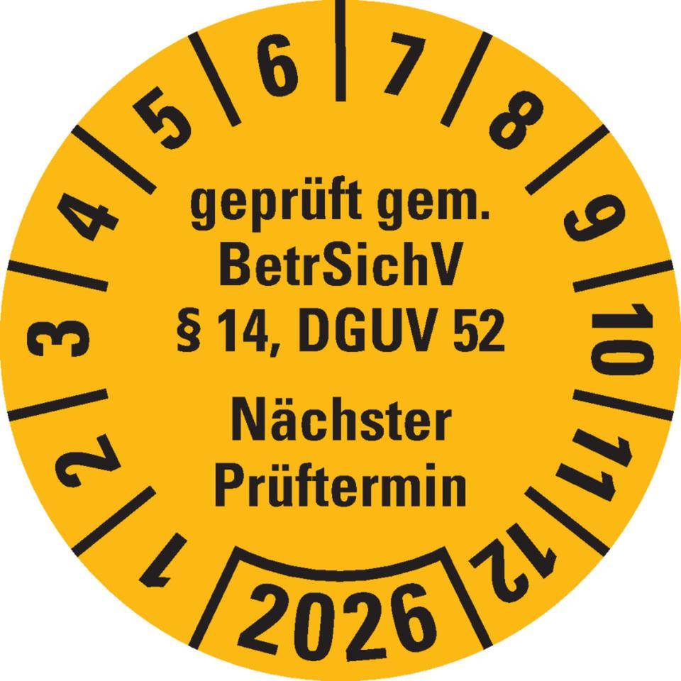 Prüfplakette BetrSichV §14, DGUV52, Nächster Prüftermin, 2026, gelb, Folie, Spezialkleber, Ø30mm, 18/Bogen-0