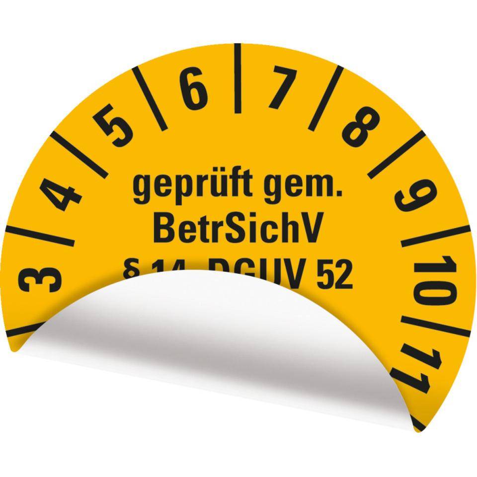 Prüfplakette BetrSichV §14, DGUV52, Nächster Prüftermin, 2026, gelb, Folie, Spezialkleber, Ø30mm, 18/Bogen-2