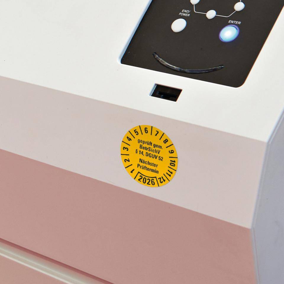 Prüfplakette BetrSichV §14, DGUV52, Nächster Prüftermin, 2026, gelb, Folie, Spezialkleber, Ø30mm, 18/Bogen-3