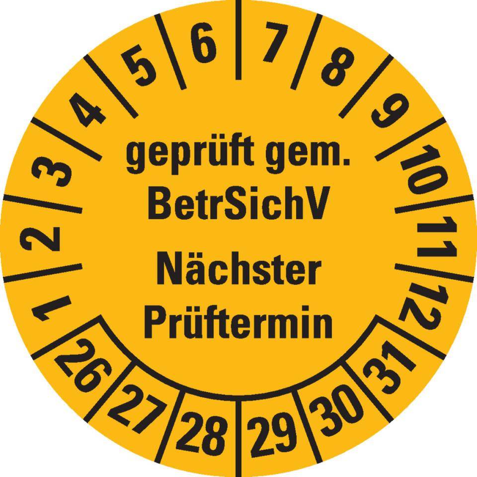 Prüfplakette BetrSichV nächster Prüftermin, 26-31, gelb, Dokumentenfolie, Ø30mm, 18/Bogen-0