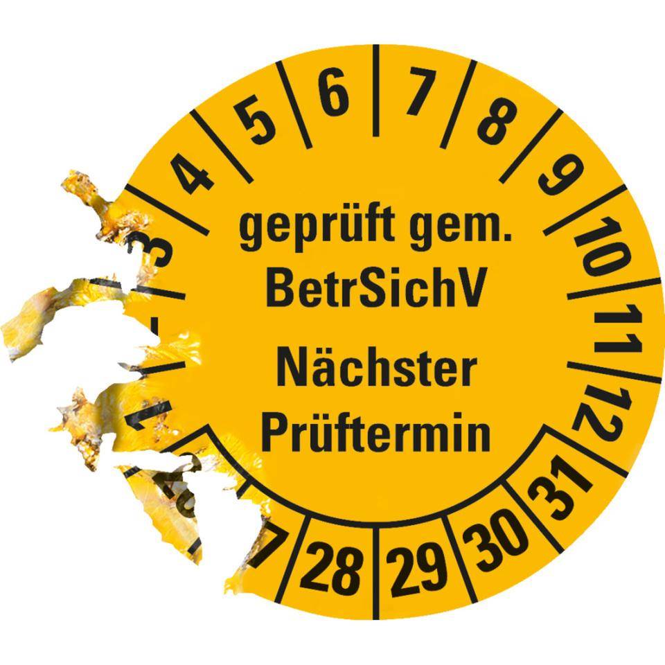 Prüfplakette BetrSichV nächster Prüftermin, 26-31, gelb, Dokumentenfolie, Ø30mm, 18/Bogen-2