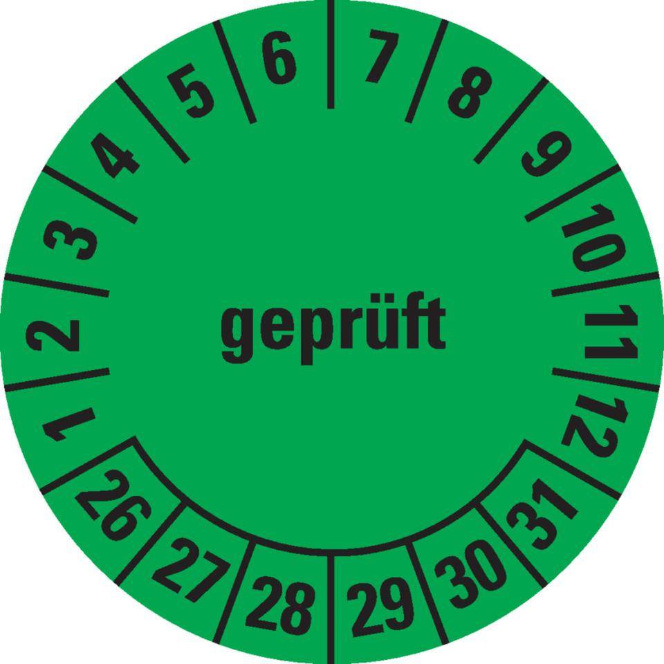 Prüfplakette geprüft 26-31, grün, Dokumentenfolie, selbstklebend, Ø 20mm, 36/Bogen