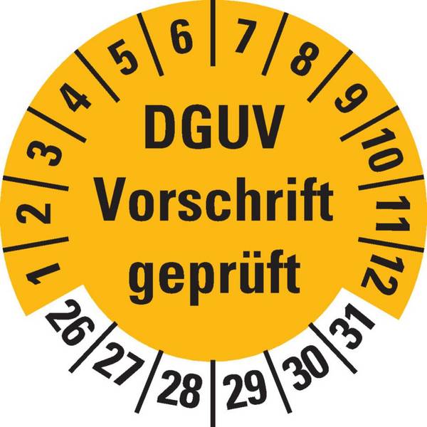 Prüfplakette DGUV Vorschrift (ehemals UVV) geprüft, 26-31, gelb,Dokumentenfolie, Ø 30mm, 18/Bogen