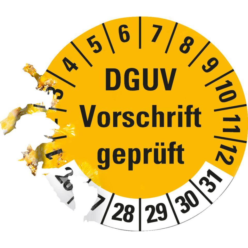 Prüfplakette DGUV Vorschrift (ehemals UVV) geprüft, 26-31, gelb,Dokumentenfolie, Ø 30mm, 18/Bogen-2
