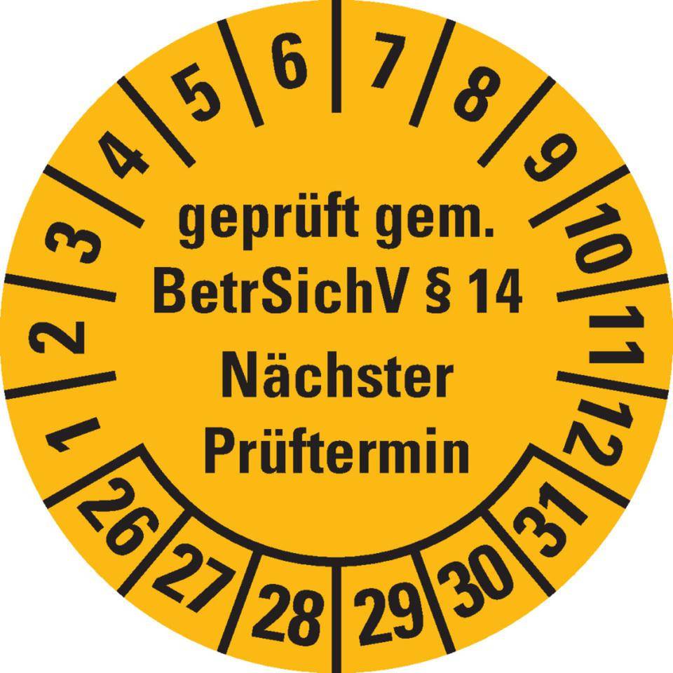 Prüfplakette geprüft gemäß BetrSichV §14, 26-31, gelb, Dokumentenfolie, Ø30mm, 18/Bogen-0