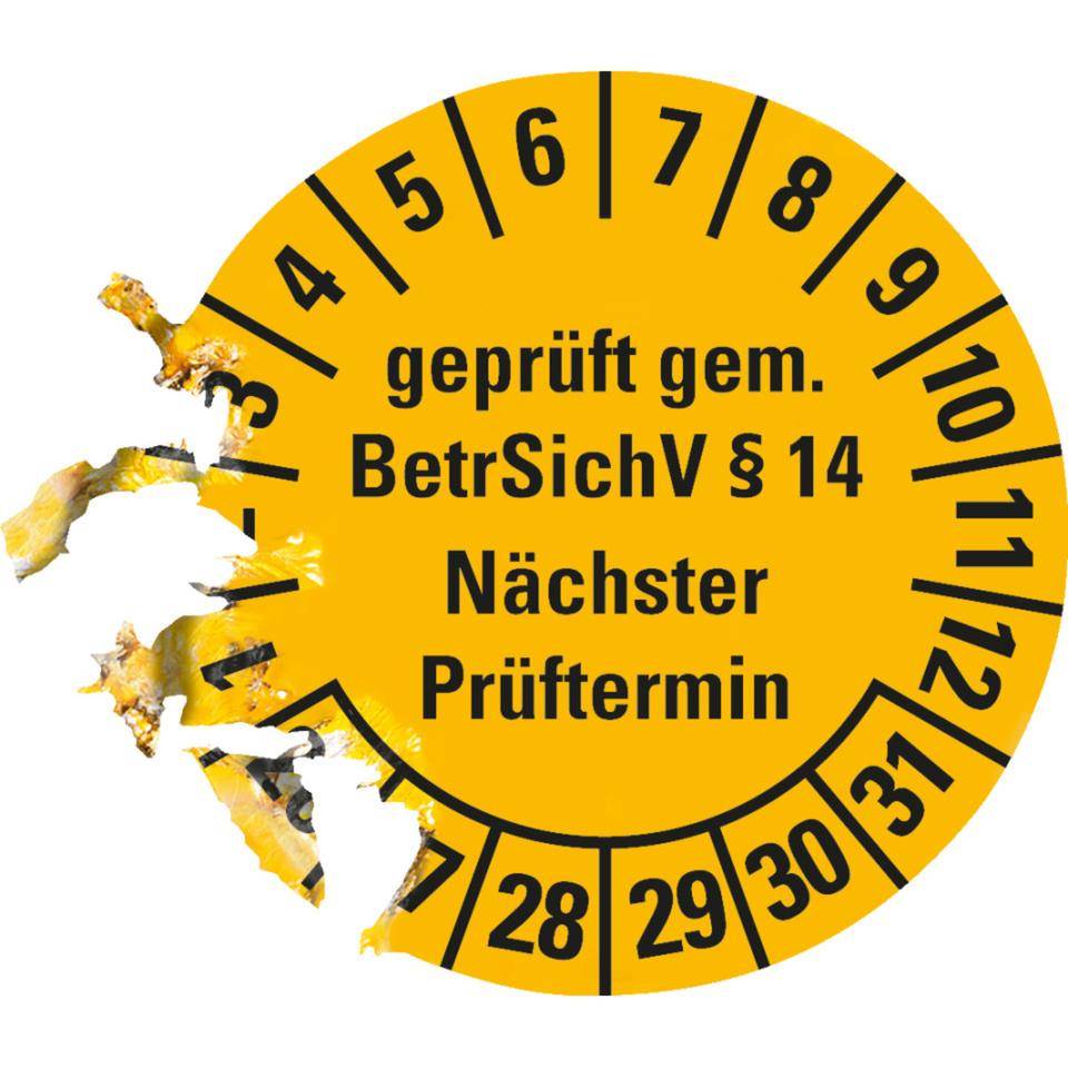 Prüfplakette geprüft gemäß BetrSichV §14, 26-31, gelb, Dokumentenfolie, Ø30mm, 18/Bogen-2