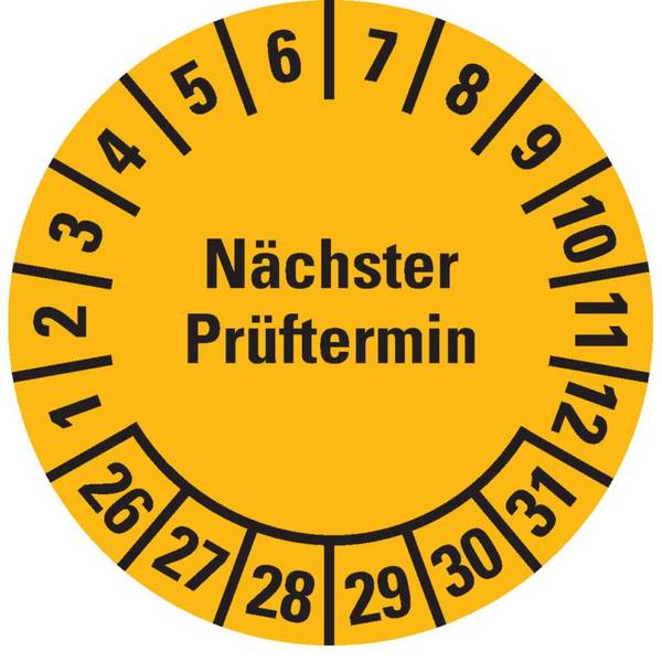 Prüfplakette Nächster Prüftermin 26-31, gelb, Dokumentenfolie, Ø 25mm, 21/Bogen