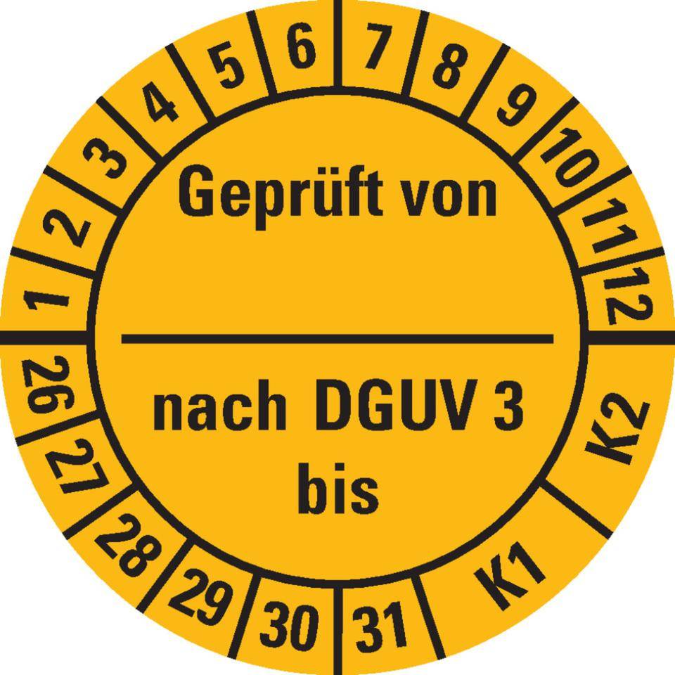 Prüfplakette geprüft von nach DGUV Vorschrift 3 K1/K2, 26-31, gelb, Dokumentenfolie, Ø25mm, 21/Bogen-0