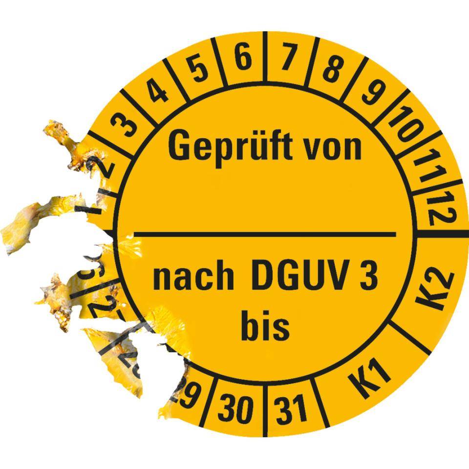 Prüfplakette geprüft von nach DGUV Vorschrift 3 K1/K2, 26-31, gelb, Dokumentenfolie, Ø25mm, 21/Bogen-2