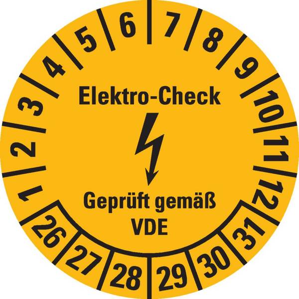 Prüfplakette Elektro-Check, VDE, 26-31, gelb, Dokumentenfolie, Ø20mm, 500/Rolle