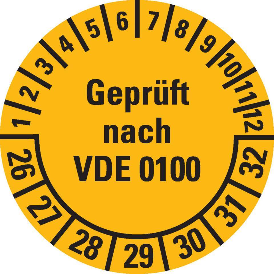 Prüfplakette Geprüft nach VDE 0100 26-32, gelb, Dokumentenfolie,Ø30mm, 18/Bogen-0