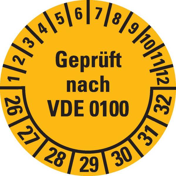 Prüfplakette Geprüft nach VDE 0100 26-32, gelb, Dokumentenfolie,Ø30mm, 18/Bogen