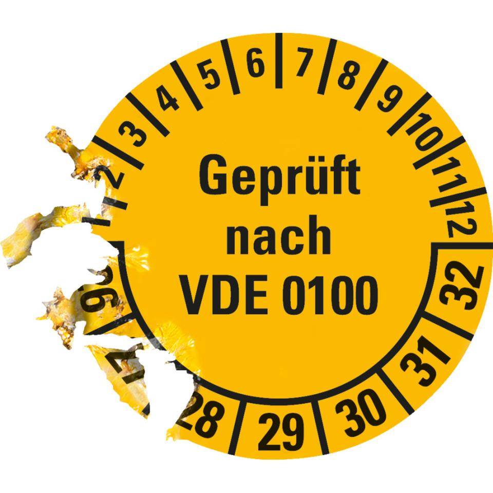 Prüfplakette Geprüft nach VDE 0100 26-32, gelb, Dokumentenfolie,Ø30mm, 18/Bogen-2