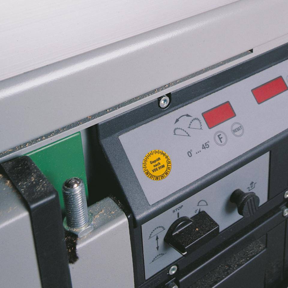 Prüfplakette Geprüft nach VDE 0100 26-32, gelb, Dokumentenfolie,Ø30mm, 18/Bogen-3