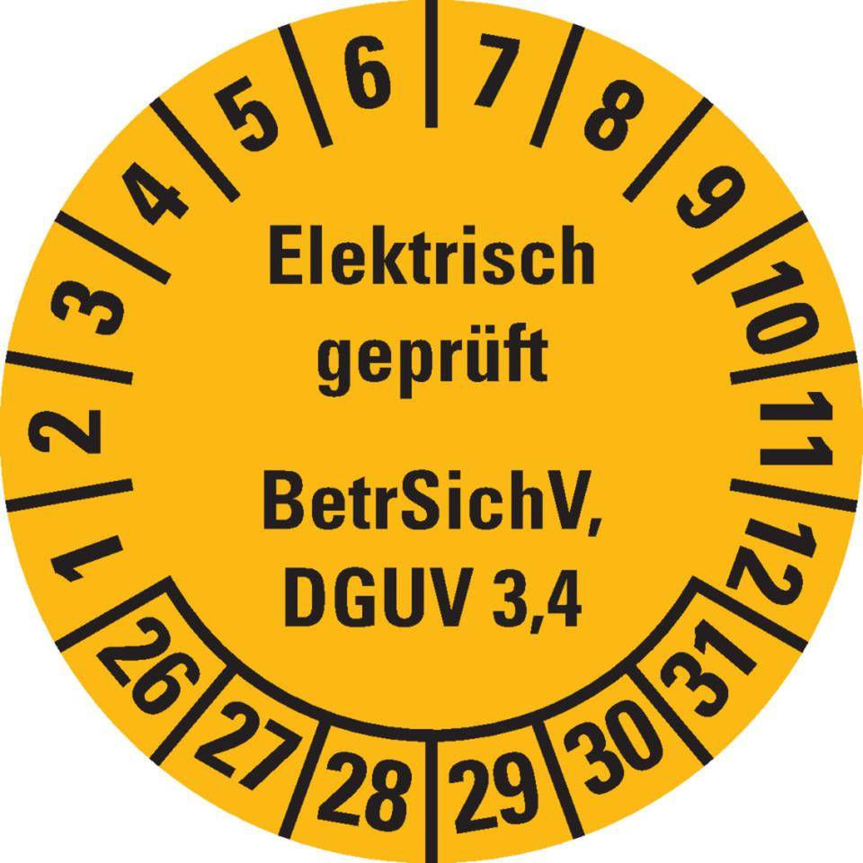 Prüfplakette Elektronisch geprüft, BetrSichV, DGUV 3/4, 26-31, gelb, Dokumentenfolie, Ø 30mm, 18/Bogen-0