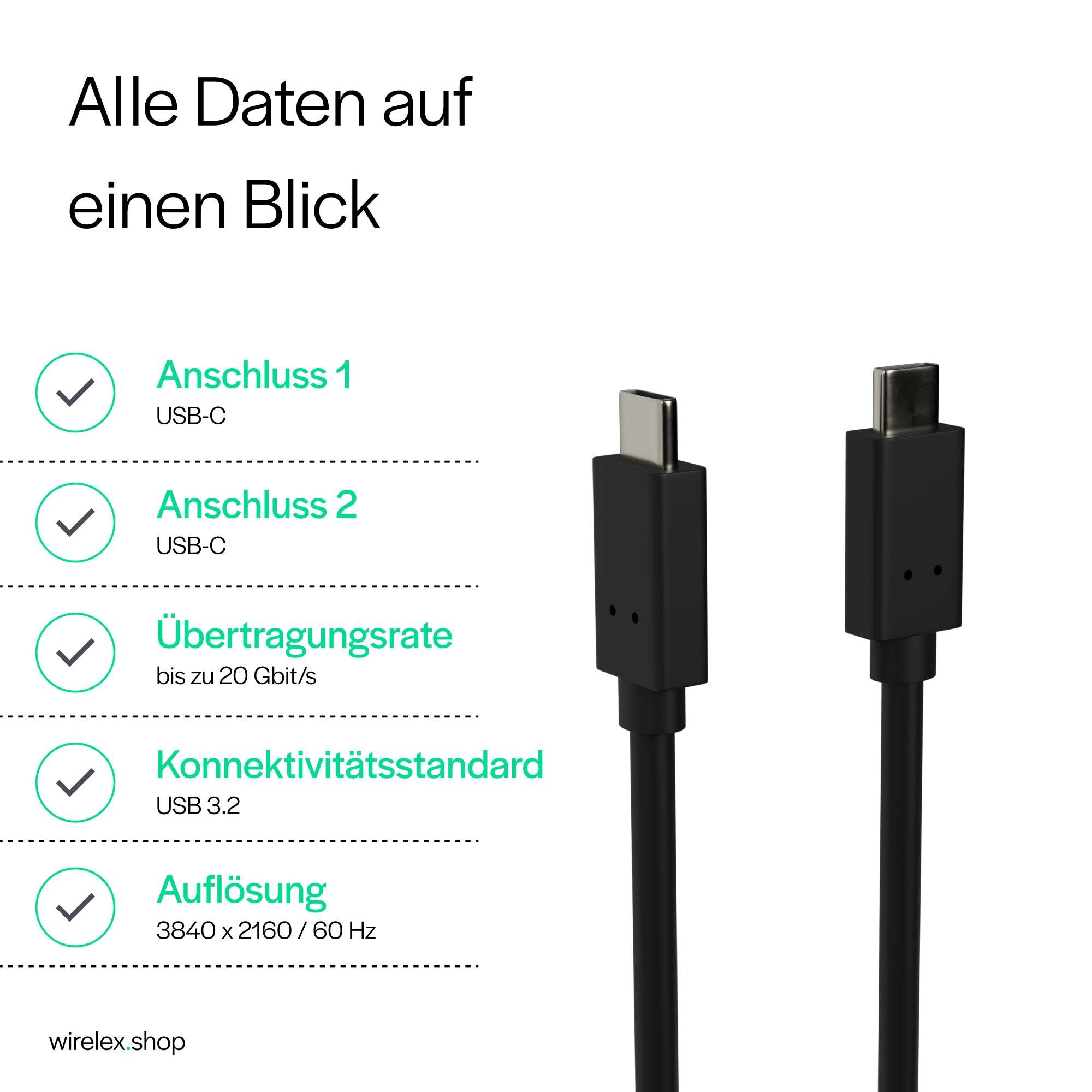 USB-C Kabel 3.2 Gen 2x2 Datenkabel Ladekabel USB Typ C Stecker auf Typ C Stecker 20 Gbit/s 60W Schwarz 0,5m-3