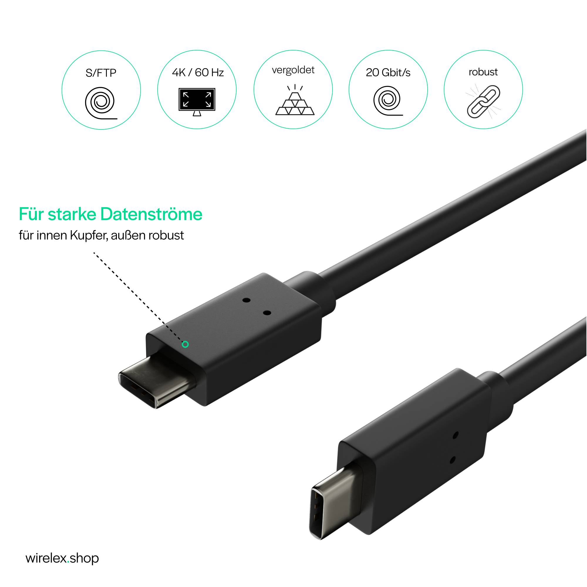 USB-C Kabel 3.2 Gen 2x2 Datenkabel Ladekabel USB Typ C Stecker auf Typ C Stecker 20 Gbit/s 60W Schwarz 0,5m-0